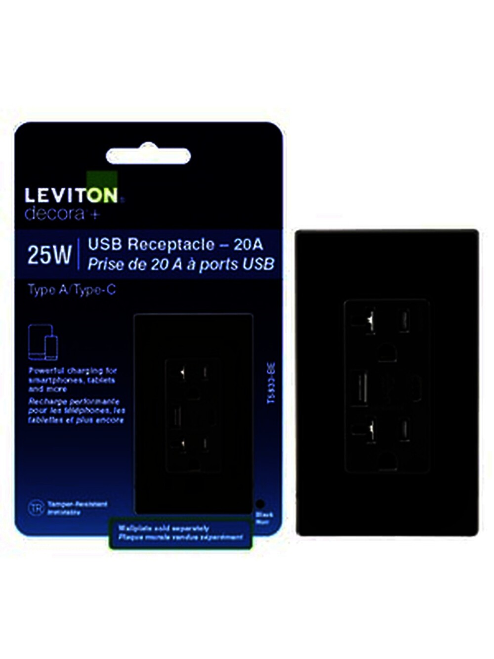 Leviton Decora 20A USB-A / USB-C Receptacle Black